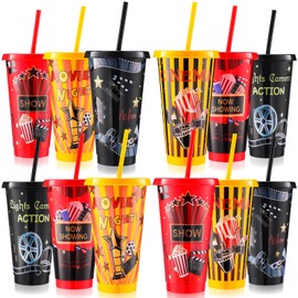 Sweetude 12 Pcs Movie Night Cups Movie Night Party Supplies Favors Movie 24oz Cups with Lid and Straw Disposable Plastic Cups for Movie Party Decorations Birthday Party Favors