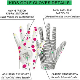 Kids Golf Glove Right Hand Value 2 Pack, Breathable Grip Soft Comfort Elastic Fabric Golf Gloves for Boys Girls Junior Youth Tooddler Pink Age 3-13 (Pink Dot, Medium(Worn on Right Hand))