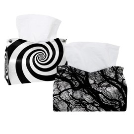 2 Pack Tissue Box Cover Holder, Black White Branch Tree Rectangle Leather Tissue Case, Decorative Organizer for Tabletop, Bathroom, Car, Office