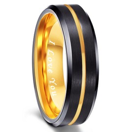 Greenpod 6mm Mens Black Tungsten Ring with Thin Gold Engraved I Love You Groove Beveled Edge Comfort Fit Size 9