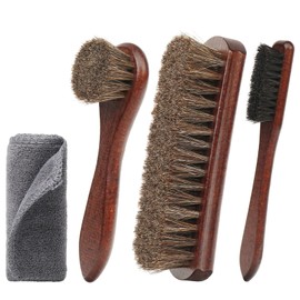 Professional Horse Hair Shoe Brush Kit, 4-Piece Leather Care Cleaning Kit with Polishing Brushes and Microfiber Cloth for Leather, Suede Shoes, Boots, and Bags Cleaning