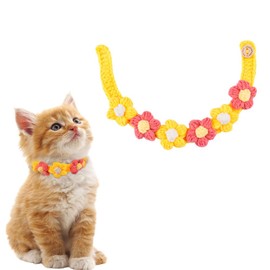 Cat Dog Collar with Flower Safety XS Puppy Collar Crochet Floral Kitten Collars for Party Daily Decorations Pet Gifts, Yellow and Pink