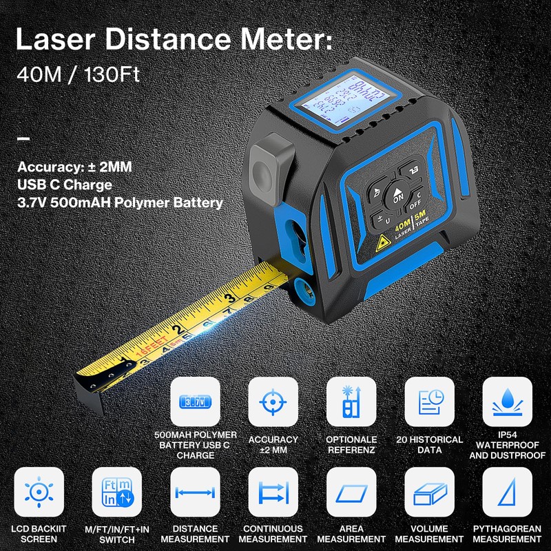2-in-1 Laser Tape Measure, Lytool 130Ft/40m Laser Measurement Tool, 16Ft/5m