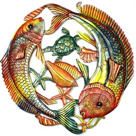 Global Crafts 24" Recycled Handmade Haitian Metal Wall Art Sea Life, Leaping Fish