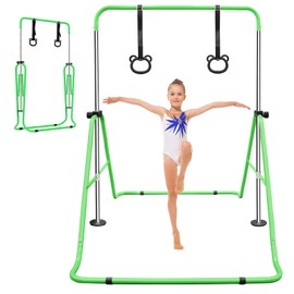 ZJMTOCYU Multi-Functional Adjustable Height Children's Gymnastic Bar with Bear Rings, Sturdy Steel Construction, Space-Saving Design, Green