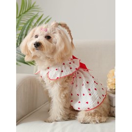 QWINEE Heart Print Dog Cat Dress Bow Decor Cute Dog Dresses Puppy Tutu Skirt Chihuahua Teddy Pomeranian Dress Birthday Holiday Clothes for Cat Kittens Small Medium Large Dogs Red and White M