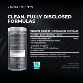 Clean Creatine HCl - Pure Creatine Hydrochloride for Men and Women, Proven Muscle Growth & Strength Building Power, Athletic Performance and Recovery (120 Veg Capsules)