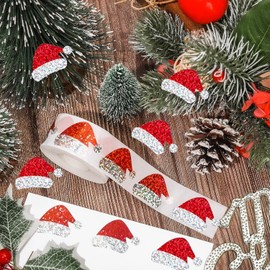 Winter Santa's Hat Stickers Roll Christmas Paper Decals Cute Xmas Self-Adhesive Decorative Glitter Stickers for Christmas Party Supplies Holiday Student Reward Gift500pcs