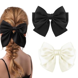 generic Bow Hair Clip, 2-Piece Set Solid Color Large Bowknot Hairpin, French Automatic Hair Clip, Retro Bowknot Hair Clip, for Women's Simple Hair Buckle Accessories(Black And Beige)