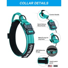 AUBELL Tactical Dog Collar and Leash Set, Adjustable Military Nylon Reflective Dog Leash and Collar with Handle and Heavy Metal Buckle for Medium Large Dogs, with Airtag Holder and 2 Patches (Teal,L)