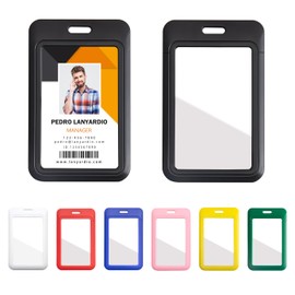 Lanyardio 1 Pack Sliding Vertical ID Badge Holder Hard Black Plastic Card Case Protector Pouch with Sided Clear Window for Office School ID Credit Cards and Proximity Key Cards