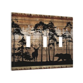 WMHUSU Decorative Light Switch Plate Covers Abstract Bear Deer Forest on Brown Wood Plank 3 Gang Wall Plate Switch Cover Plate Triple Toggle Jumbo Electrical Faceplate for Farmhouse Bedroom Decor