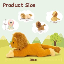 MorisMos Big Lion Teddy Soft Toy, 60cm Mom with 4 Cuddly Baby Inside, Giant Fluffly Lion Stuffed Animal Realistic Kawaii Gift for Kids Birthday Deco