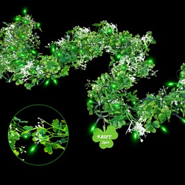 2 Pack 9.85 FT St Patrick's Day Garland with Green LED Lights, Battery Operated Irish Shamrock Garland Fairy Lights with 8 Modes, St Patricks Day Decorations Garland for Mantle Porch Door Stairs Table