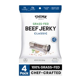 Think Jerky, Classic Beef Jerky (2.2 Ounce Bags, Pack of 4 Bags) - Delicious Chef Crafted Jerky, Grass-Fed Beef Jerky, Gluten Free, No Antibiotics or Nitrates - Healthy Protein Snack, Low Calorie and Low Fat