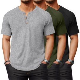 Evervibe 3 Pack Men's Big and Tall Ribbed Henley Shirts Short Sleeve Raglan Casual T-Shirts Classic Summer Button Placket Tee(Black, Army Green, Light Heather Gray,4XL)