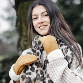 Harssidanzar KL026EU Women's Winter Mittens, Warm Genuine Suede Lambskin Shearling Mittens Leather Gloves, Camel