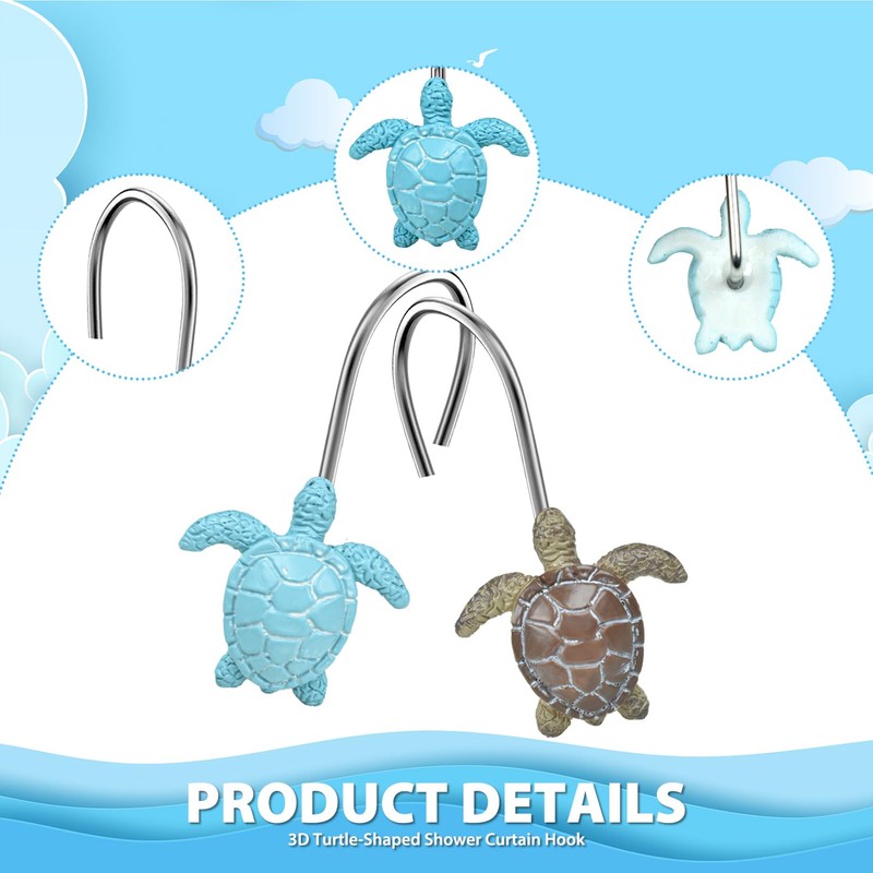 Quimoy Turtle Shower Curtain Hooks, 12PCS Shower Curtain Rings