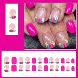 24 Pcs Press on Nails Short Square,YIHONGYUAN Fake Nails Short Press ons Nail Tips Acrylic Kit Glue on Nails Full Cover Multi-Colored False Nails with Striped Flowers Design Stick on Nails for Woman