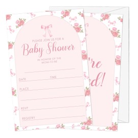 Gsauto Baby Shower Invitations for Girl, 25 Pink Floral Bow Double-Sided Gender Reveal Invites with Envelopes, Bowknot Invitation Cards for Party Favor Decorations -A11