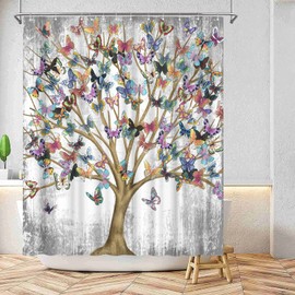 FuShvre Tree of Life Shower Curtain Fabric Vintage Colorful Butterflies on Branches Plants Fantasy Art Bath Curtain Shabby Bathroom Curtain for Women's Bathtub Decor Hooks Included 72" x 72"