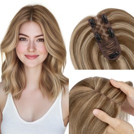 Hairro Human Hair Topper without Bangs, Clips on 360° 3D Cover Real Hairpieces Lightweight, 2.25"x6" Base for Women with High Hairline/Thinning Hair, 10 Inch Medium Brown Mix Dark Blonde No Bangs