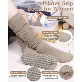 Ludaro 4 Pairs Pilates Grip Scrunch Socks for Women, Long Cotton Non Slip Slouch Yoga Calf Socks, Womens Slipper Crew Stockings for Casual, Dance, Ballet, Barre, Hospital
