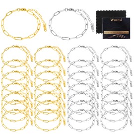 30PCS 18K Gold Plated Charm Bracelet Chains 6.3Inch Stainless Steel Bracelets Chain Bulk Link Bracelet with Lobster Clasps for Women DIY Bracelets Crafts Supplies(Gold+Silver)