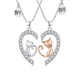 Kitten Necklace 925 Sterling Silver Half Heart Puzzle Necklace Silver Rose Gold Two-Tone Design Combinable Heart-Shaped Tail Two-Piece Gift for Men and Women Valentine's Day Gift