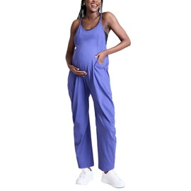 Motherhood Maternity Womens Casual Baggy Sleeveless V-neck Pregnancy Romper Jumpsuit With Loose Spaghetti Straps and Pockets, Skipper Blue, X-Small