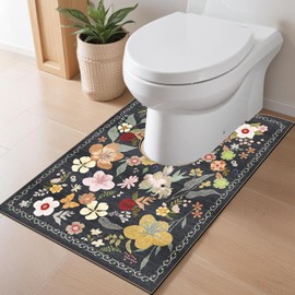 Toilet Mat, Long, Ear Length, Floral Print, Washable: Popular, Stylish, Absorbent, Quick Drying, Fluffy, Antibacterial, Odor Resistant, Anti-Slip, Cute, Japanese Style, Toilet Mat, Large, U-Shaped