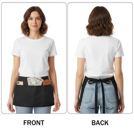 BOHARERS Server Aprons Waitress Aprons with 3 Pockets - Black for Women Men Waiter Restaurant Waist Aprons, 24 X 12 inch