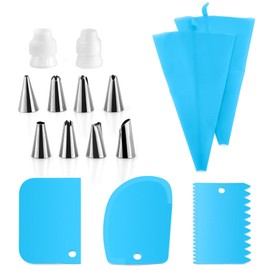 E-far - Juego de bolsas y puntas para decorar pasteles, suministros para hornear con 2 bolsas de silicona reutilizables, 2 acopladores, 8 puntas de glaseado y 3 raspadores de pasteles, herramientas de decoración para pasteles y galletas