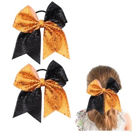 Large Black Orange Sequin Glitter Cheer Hair Bows,Sparkly Bows Ponytail Holder Elastic Band for Cheerleading Teen Girls College Sports (Black Orange)