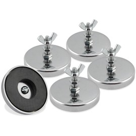 Master Magnetics RB50B2NWX5 Ferrite/Low Carbon Steel Round Base Magnet Fastener with Bolt and Wing Nut, Chrome Plate, 2.04" Diameter, 1.25" Total Height, 35 lb, Silver (Pack of 5)