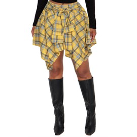 Women's Plaid Skorts Skirts - High Waisted Tie Front Pleated Summer Asymmetrical Skater Skirt with Shorts Checkered Yellow M
