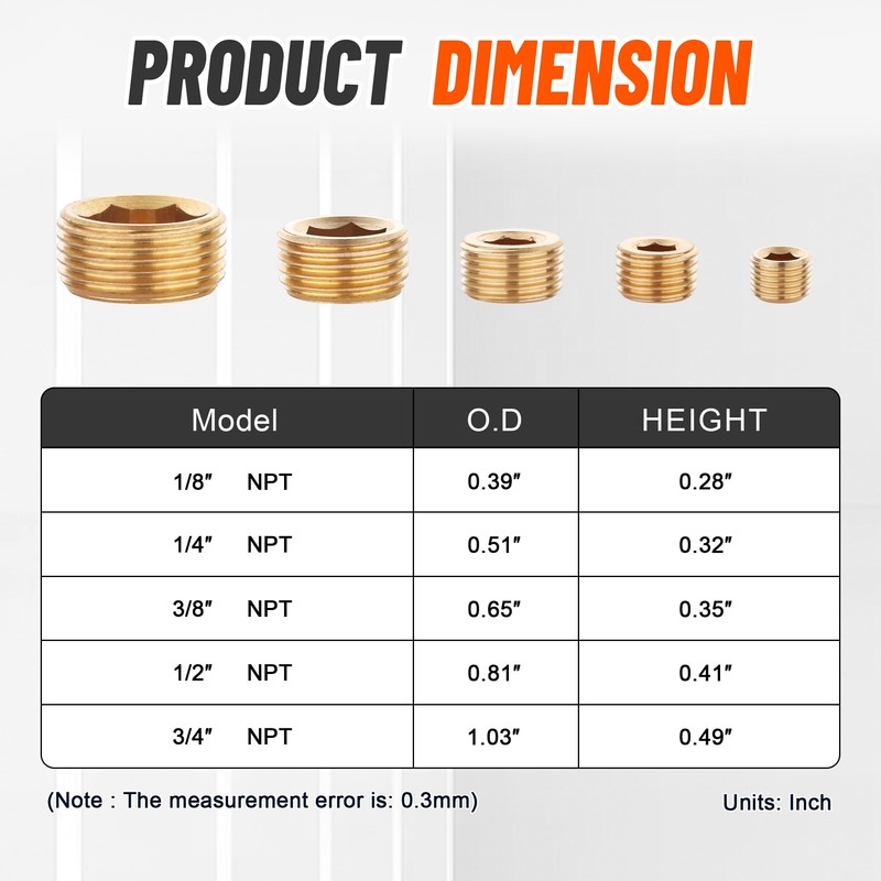 Ailbiuko 35Pcs Brass Pipe Plug Fitting Assortment Kit,1/8" 1/4" 3/8"