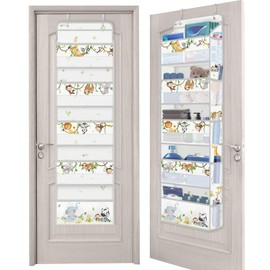 Clastyle Grey Animal Over The Door Organizer with 5 Pockets Elephant Monkey Nursery Hanging Storage Organizer for Kids Clothes Diaper Toy Closet Door Hanging Shelf Storage for Bedroom Bathroom Pantry