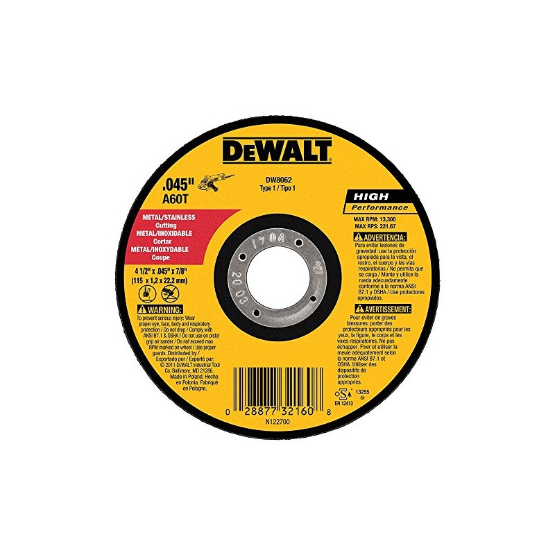 DeWalt DW8062 4-1/2"x.045"x7/8" Metal Angle Grinder Thin Cutoff Wheel, 10