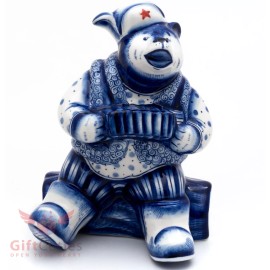 Gzhel porcelain figurine Russian Bear in Ushanka w Garmon accordion hand-painted