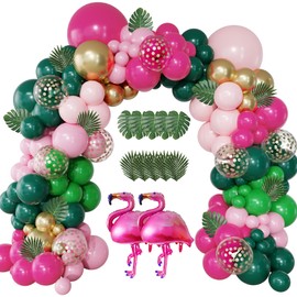 156Pcs Tropical Flamingo Balloon Arch Garland Kit, Hot Pink Dark Green Light Pink Gold Confetti Flamingo Foil Balloons with Palm Leaves for Hawaiian Luau Aloha Summer Beach Birthday Party Decorations | Ouddy Party