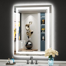 AWANDEE 24x32 Inch LED Bathroom Mirror with Lights, Backlit & Front Lit, Anti-Fog Lighted Vanity Mirrors for Bathroom Wall, Dimmable, 3-Color Light, Memory, HD Tempered Glass, Horizontal/Vertical