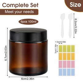 100ml Amber Glass Jars, 6 Pack Empty Cosmetic Jars with Lids,Travel Pots with Spatula and Labels for Toiletries, Cosmetics,Powder,Lotion,Creams