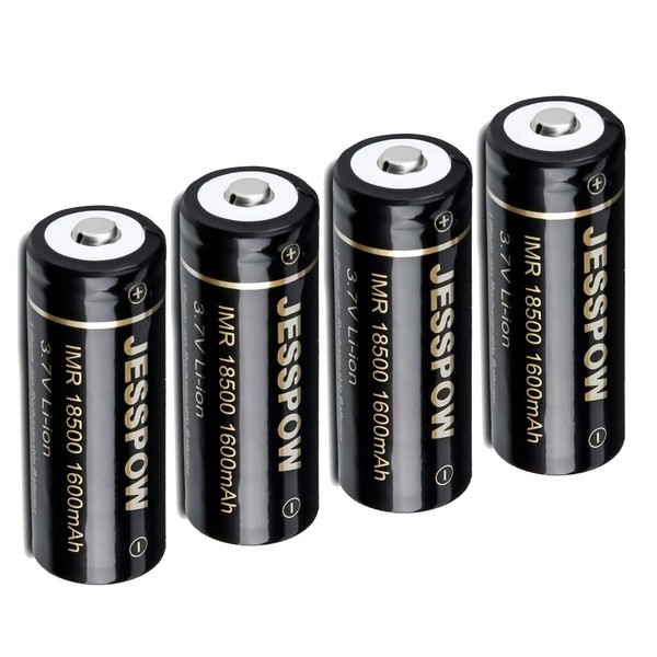 JESSPOW 18500 Rechargeable Batteries, IMR 18500 Rechargeable Li-ion Battery 1600mAh 3.7V [ for Flashlight, Solar Garden Light ] with Button Top (4Pack)