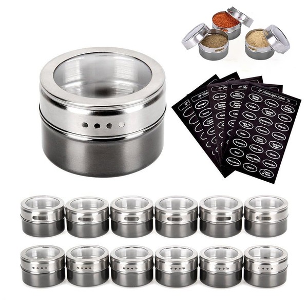 Kingmate Set of 12 Magnetic Stainless Steel Spice Jars Spice Organizer Kitchen Spice Jars, Labels Included, Grey