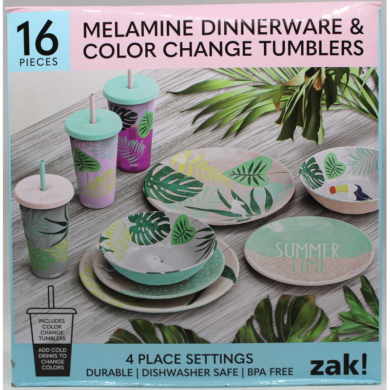 Zak Designs 16 Piece Melamine Color Changing Tumbler & Dinnerware