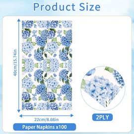 100 Pcs Hydrangea Floral Napkins, Happy Spring Disposable Paper Napkins, Hand Towel for Spring Party Decorations, Blue Flower Design Table Decor