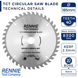 185mm x 20mm Bore x 40T TCT Saw Blade. 185mm Circular Saw Blade For Rough Cuts x 20mm Bore + 16mm Bore Reduction Rings Fits Evolution Bosch Makita Ryobi Dewalt Circular Saws Etc