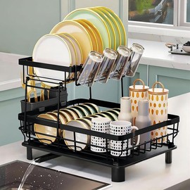 2 Tier Dish Drying Rack Dish Racks for Kitchen Counter Metal Dish Drainers with Knife Cup Utensil Holder, Black dishdryerrack:_Grey