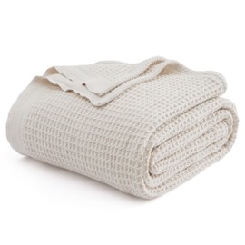 Bedsure 100% Cotton Blanket King Size for Bed - Waffle Weave Fall Blanket, Lightweight and Breathable Soft Woven Blanket for Summer, Light Beige/Linen, 104x90 inches